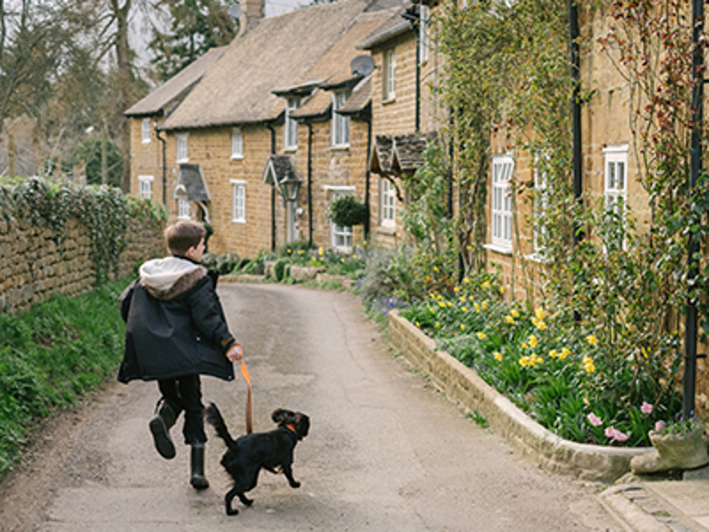 Boy walking with a dog in near a cottage