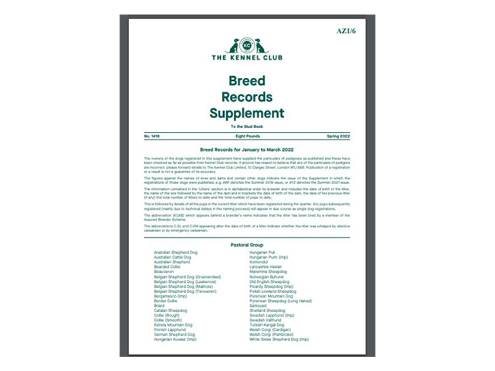 Breed Record Supplement subscription 3 groups Kennel Club